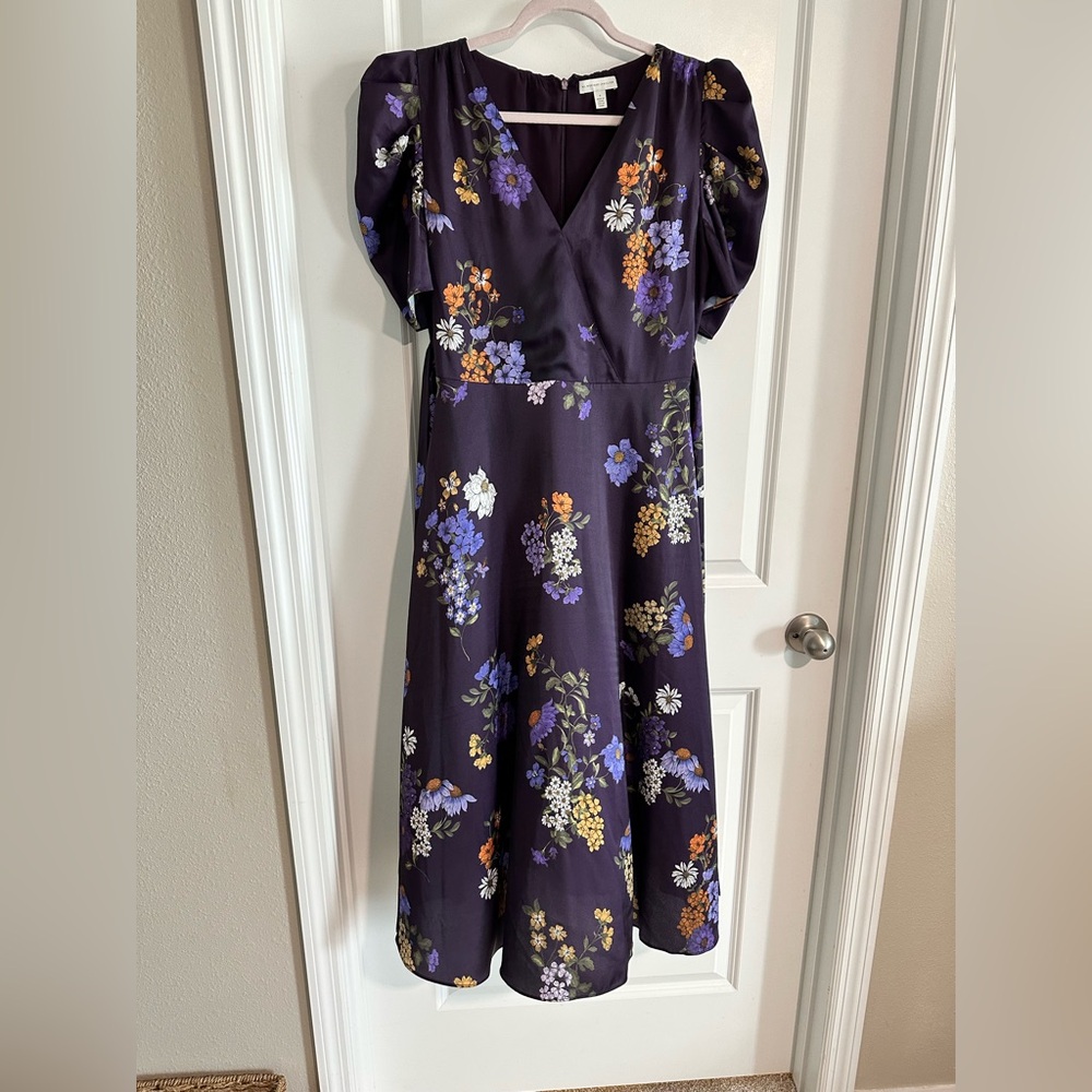 Monique Lhuillier ML floral print puff sleeve midi dress women’s size 8 GUC - Picture 8 of 16